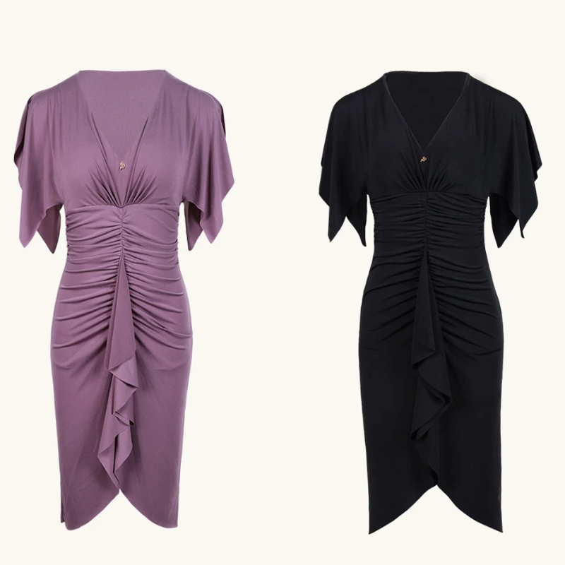 Robe de danse latine pour femmes, col en v, manches larges, jupe professionnelle, vêtements de danse pour spectacle sur scène, vêtements d'entraînement Cha Cha Rumb
