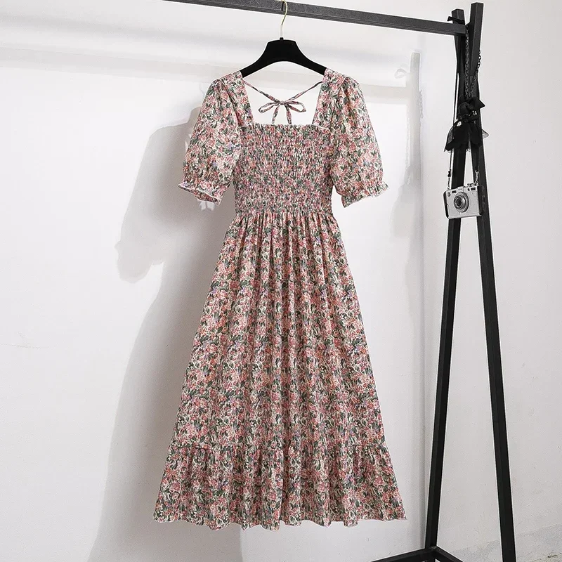 Printemps été robes en mousseline de soie mode femme taille élastique à manches courtes plissée tenue décontractée femmes robes a-ligne robes