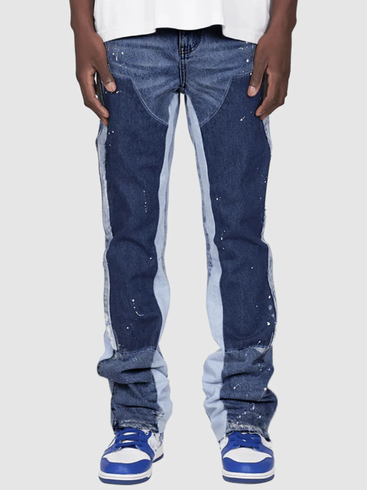 Viser de travail jeans de mode pour hommes, pantalons évasés en couches de denim de patchwork élastique de vêtements de travail de mode européenne et américaine S-XXL