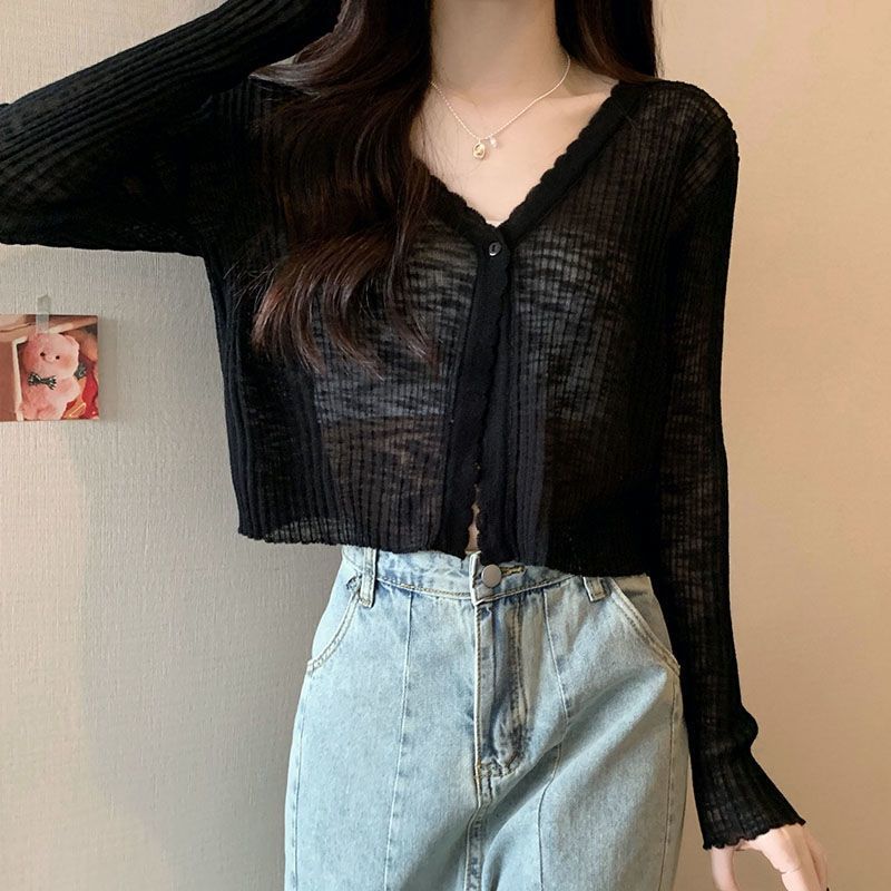 Cardigan en tricot fin et décontracté pour femmes, vêtements d'été doux, taille haute, couverture châle, chemise, col en v, boutons, hauts de protection solaire