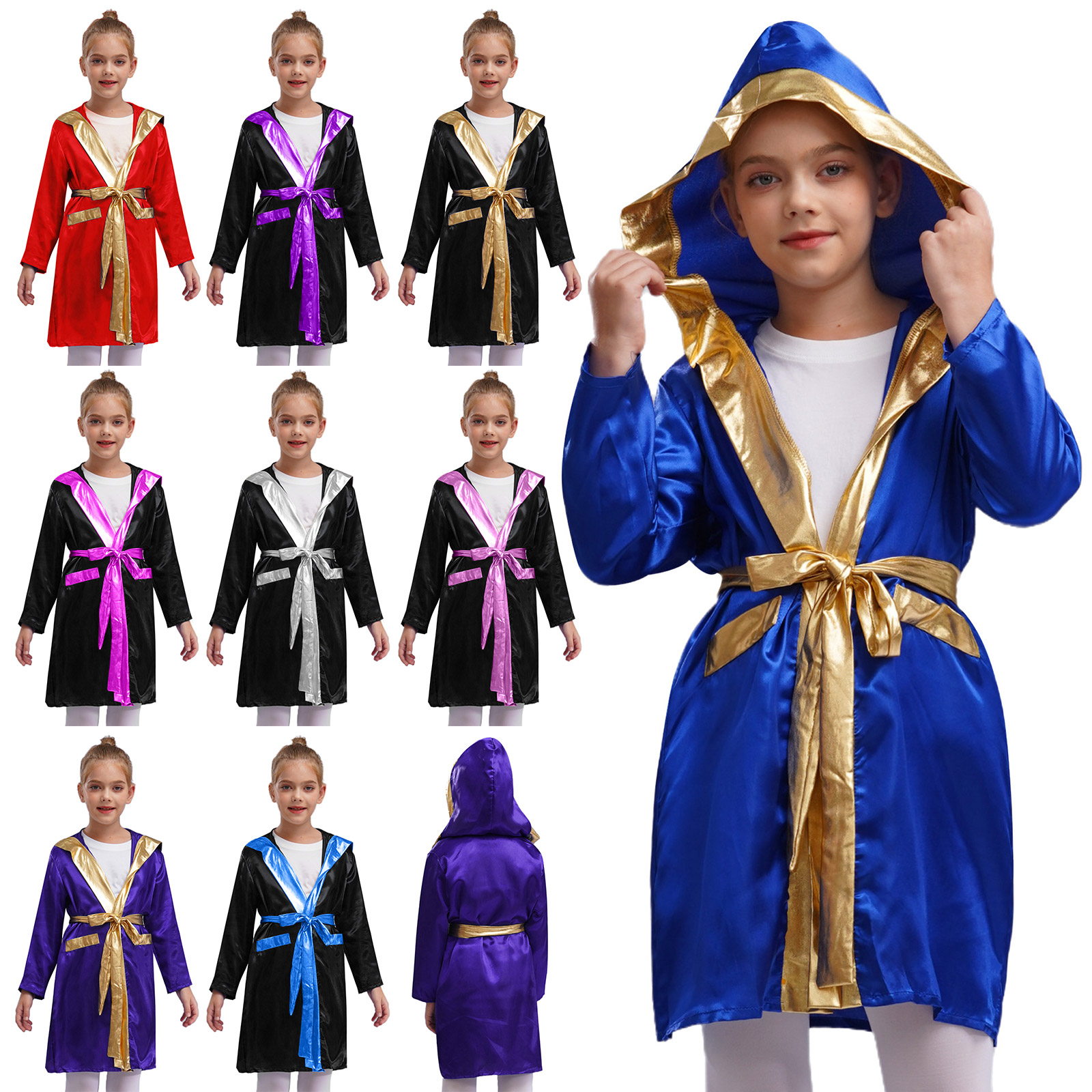Robe de boxe en Satin pour filles et garçons, cape à capuche, manches longues, ouverte sur le devant, Robe de Kickboxing, uniforme de jogging thaïlandais de combat, fête d'halloween