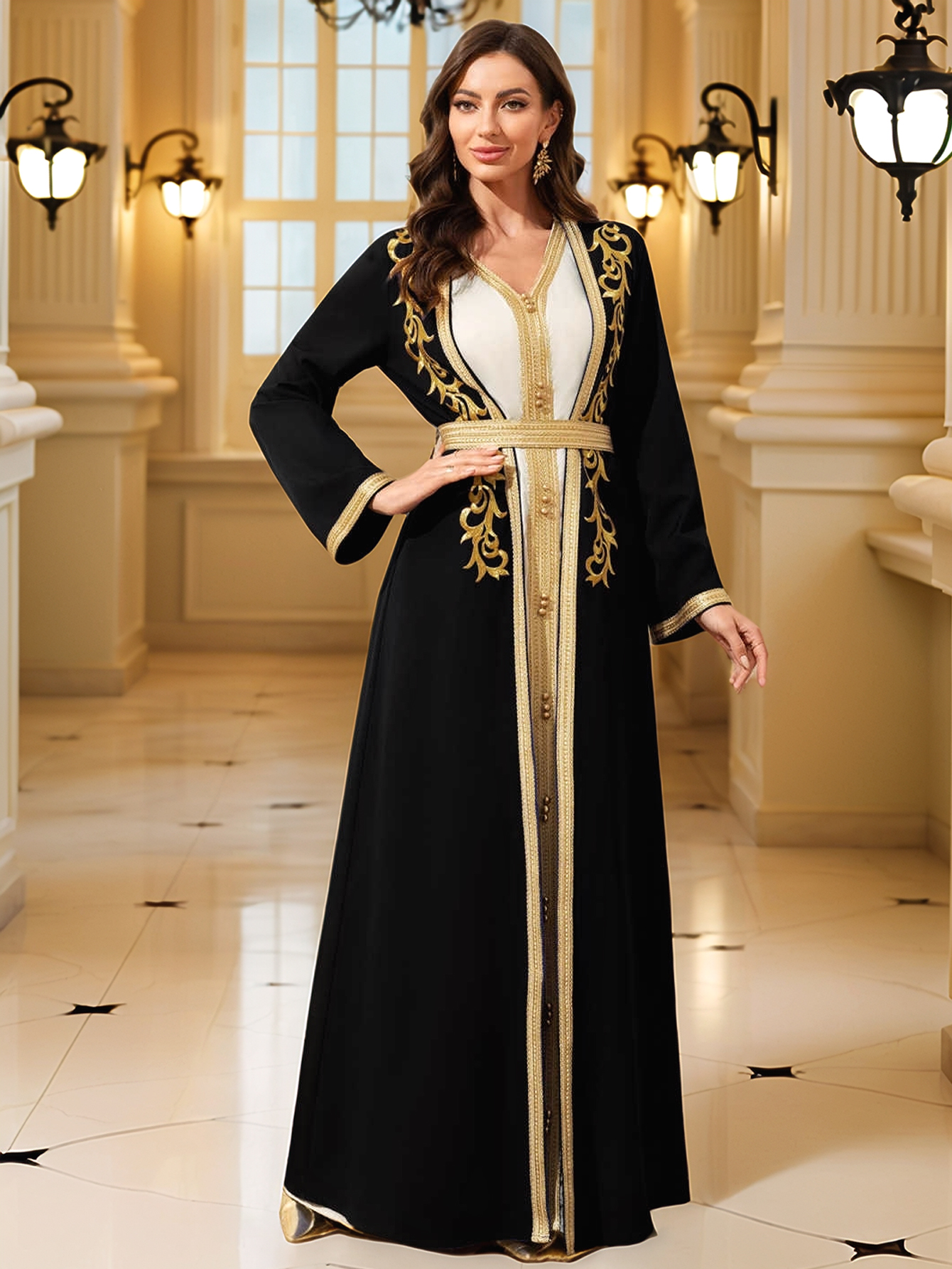 Robe musulmane du moyen-orient pour femmes, caftan marocain Abaya, Robe Eid brodée en or, robes islamiques