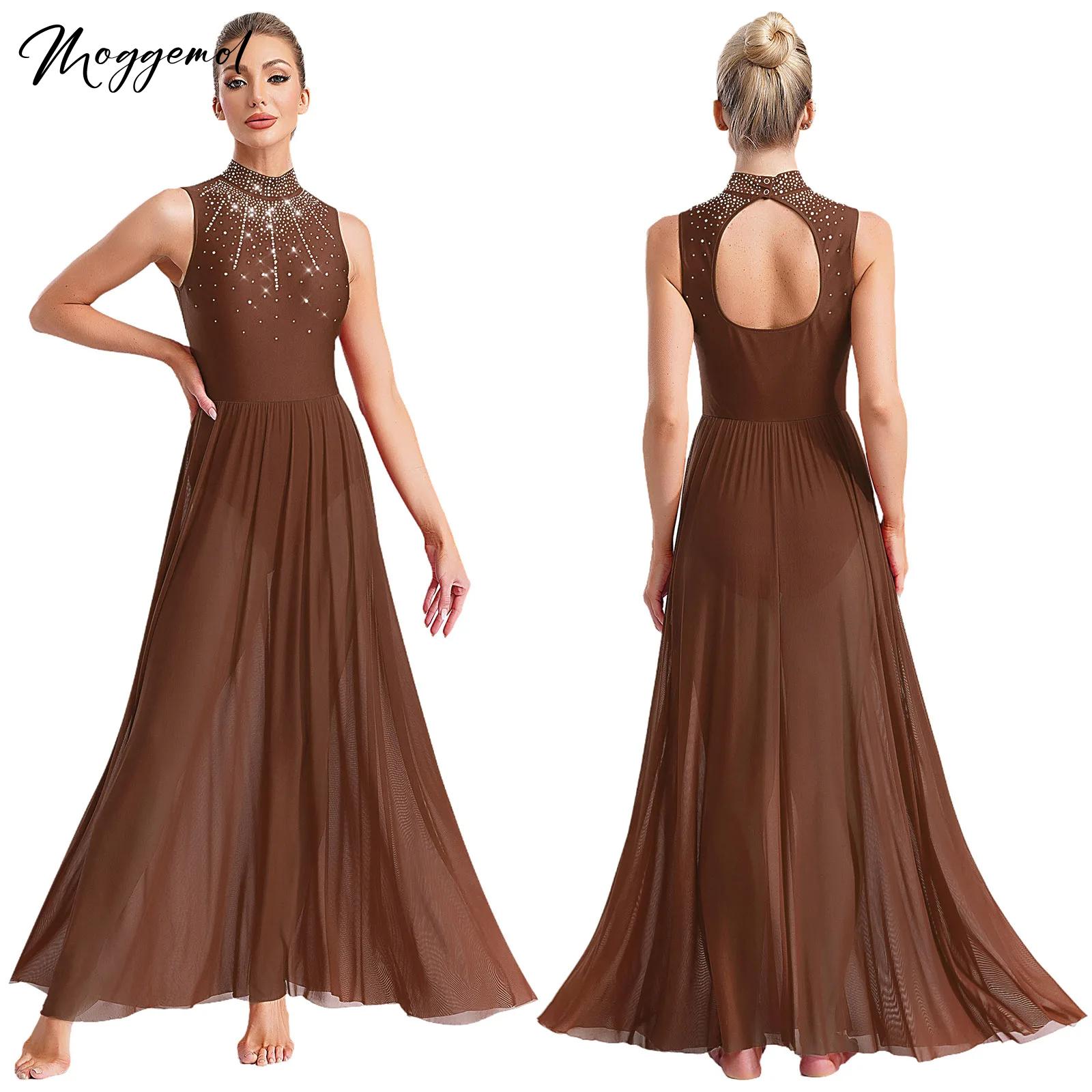 Robes de danse lyrique pour femmes, col montant, ourlet large, strass brillants, robe Maxi sans manches, robes justaucorps contemporaines modernes