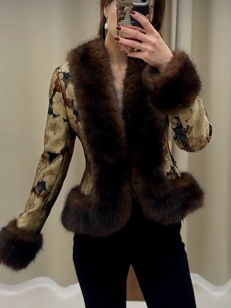 Veste Courte Femme en Jacquard Floral avec Bordure en Fausse Fourrure, Col en V, Bouton Unique, Manches Longues en Fourrure, Style Vintage, Chaude pour l'Hiver et les Fêtes