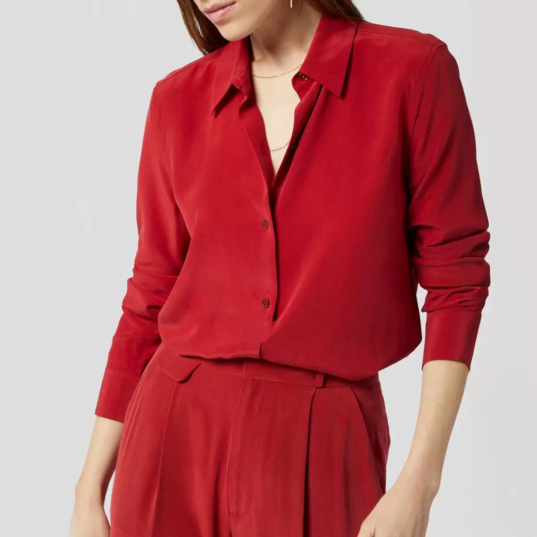 Femmes haut de gamme classique couleur unie 100% soie véritable T-Shirts soyeux sable lavé mûrier soie à manches longues Blouses hauts élégants