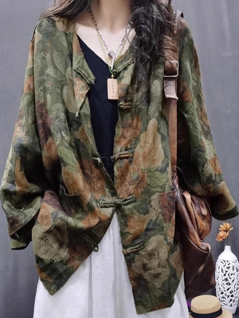 Vêtements pour femmes en coton et lin, automne 2025, Style ethnique rétro, haut en détresse, ample, imprimé, veste florale polyvalente w739