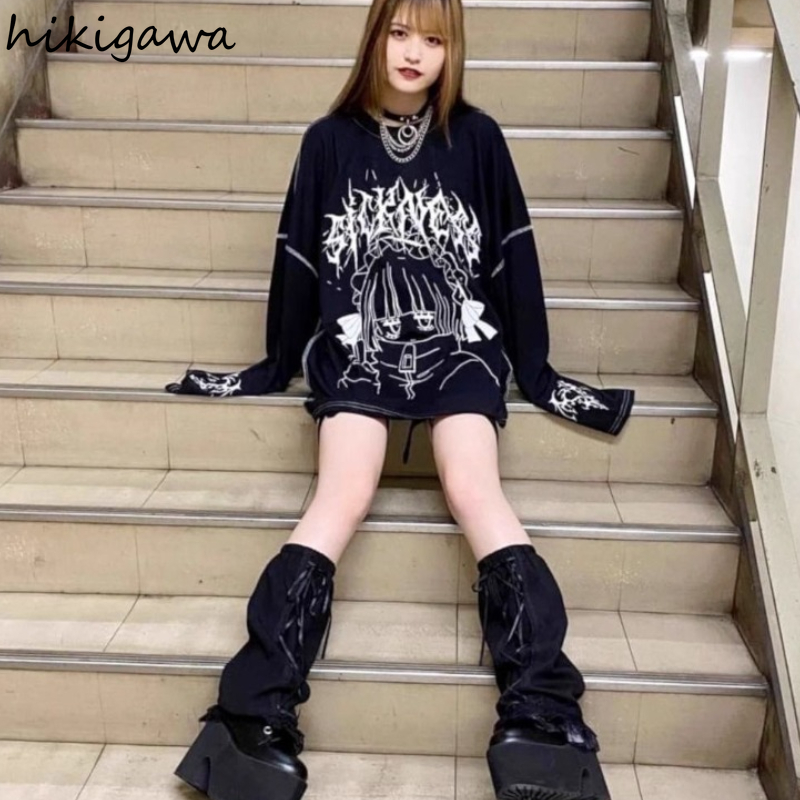 Streetwear T-shirts Femmes Vêtements Imprimé Manches Longues T-shirts Décontracté Mode Japonais Camisetas Dessin Animé Y2k Hauts T-shirts Surdimensionnés