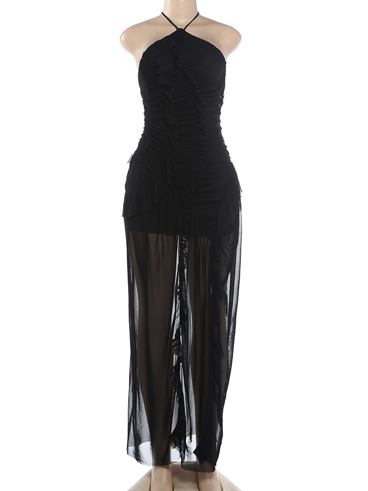 Whatiwear Patchwork Ourlet Robe Femme Volants Bord Élégant À Lacets Halter Dos Nu Sans Manches Maille Minuit Club Parti Robes