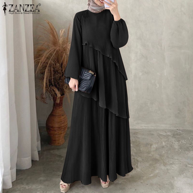 Robe longue plissée superposée ZANZEA, style musulman, avec patchwork, manches lanternes élégantes, Abaya islamique, Hijab plissé pour femme