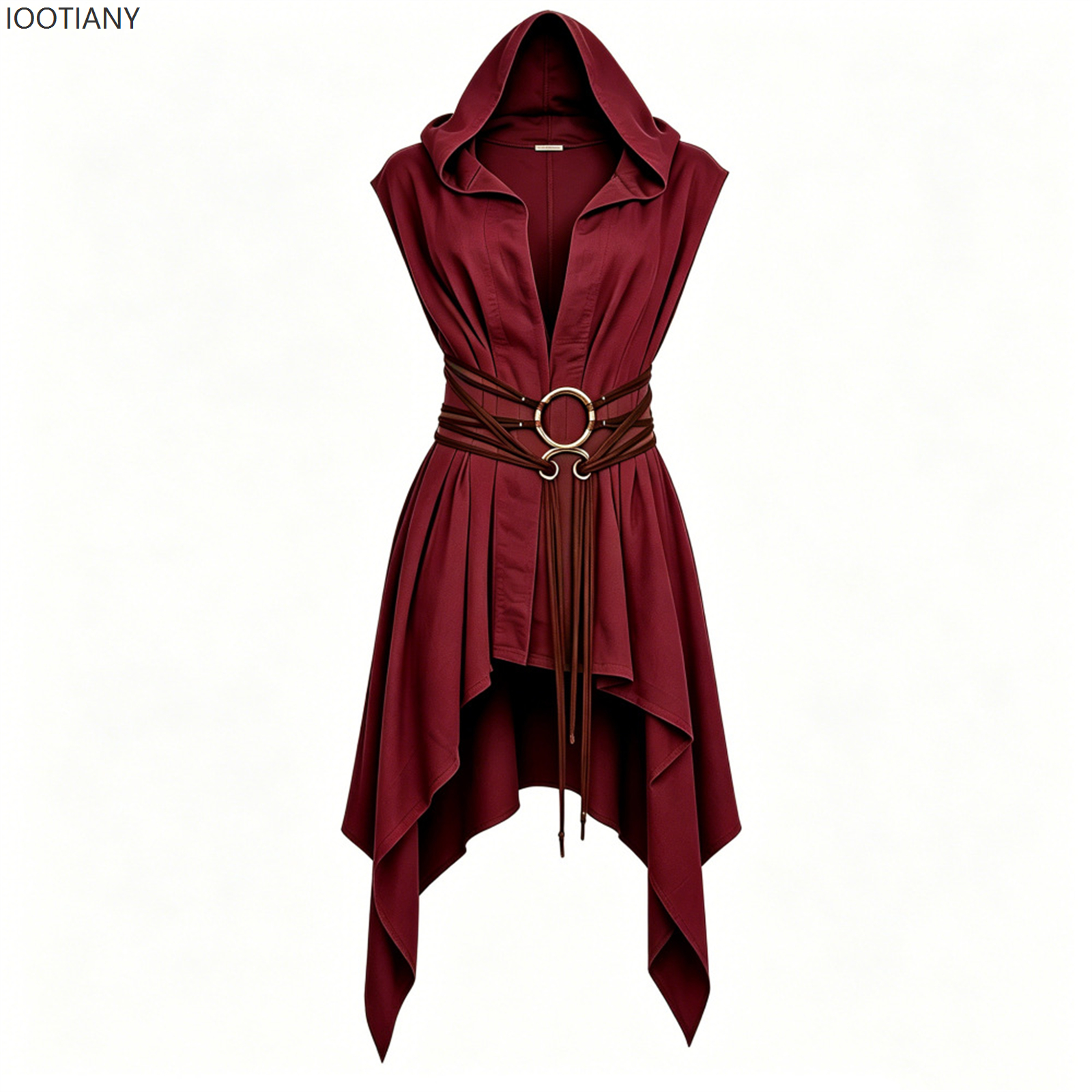Robe tunique à capuche pour femme, style elfe médiéval, sans manches, ourlet irrégulier, ceinture en corde vintage, tenue de cosplay de chasseur gothique de la Renaissance.