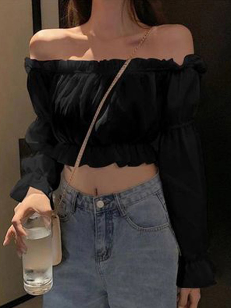 Haut Sexy pour femmes, épaules dénudées, manches longues, couleur unie, chemise blanche, manches bouffantes, tunique à volants, haut court, bustier tubulaire d'été