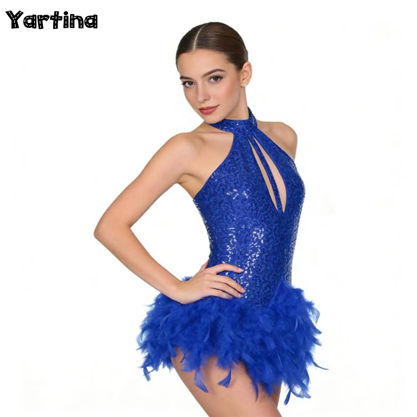 Femmes paillettes paillettes plume Latin Jazz danse justaucorps robe Tango Latin Dancewear licou dos nu trou de serrure avant Rumba robe