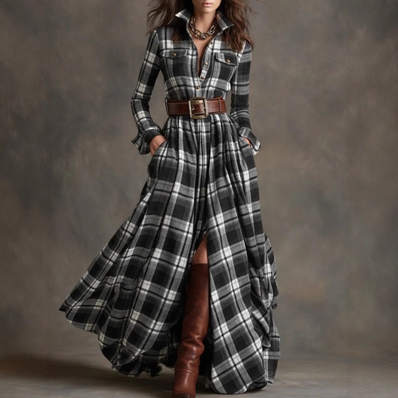 Robe longue à manches longues pour femme, grande taille, style rétro français, à carreaux, coupe irrégulière, nouvelle collection, idéale pour les soirées