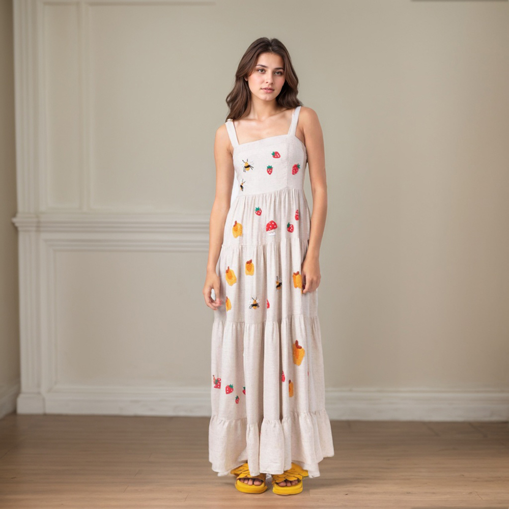 Robe de Plage Vintage Brodée à Col Carré et à Plusieurs Niveaux, Imprimée, à Col Carré, Plissée, Slim Fit