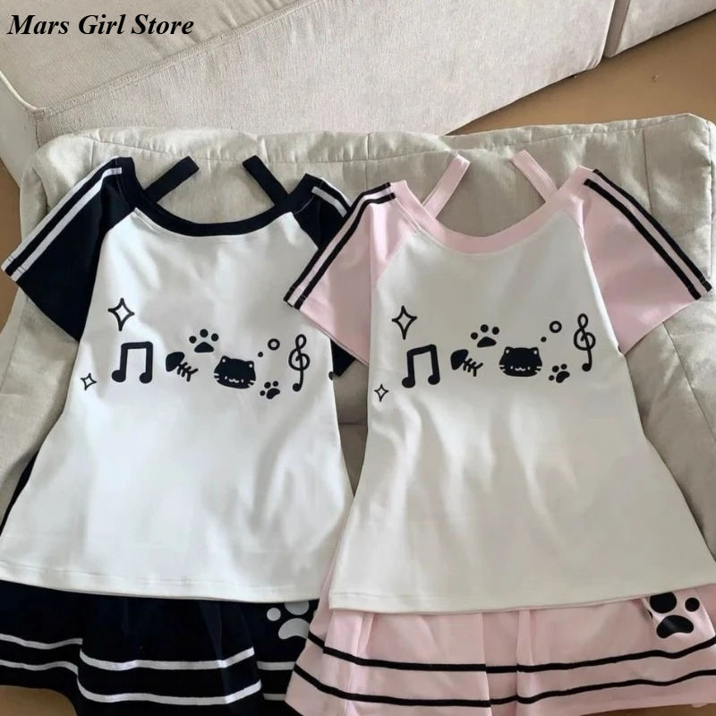 Ensemble 2 pièces de Style sous-culture japonais Kawaii pour femmes, haut à manches courtes imprimé chat mignon, Mini jupe trapèze, tenue d'été Lolita douce
