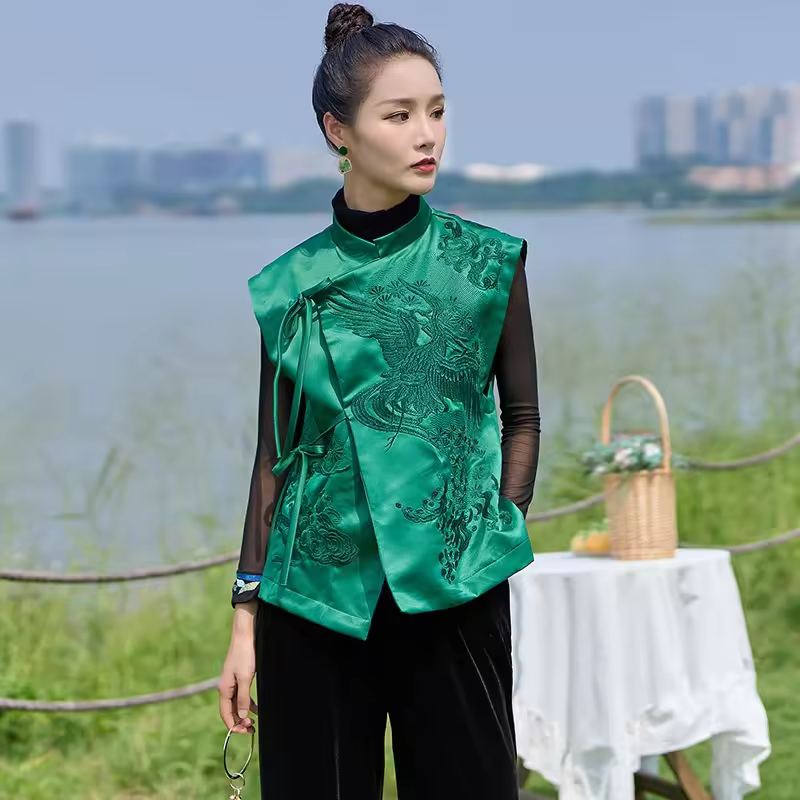 Gilet d'extérieur Vintage de Style chinois, grue blanche/fleurs, gilets à laçage brodés, vêtements élégants pour femmes, printemps et été