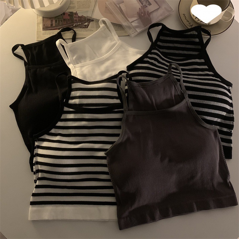 Haut court avec coussretours de poitrine pour femme, caraco basique, fibre rayée, mode décontractée, version coréenne