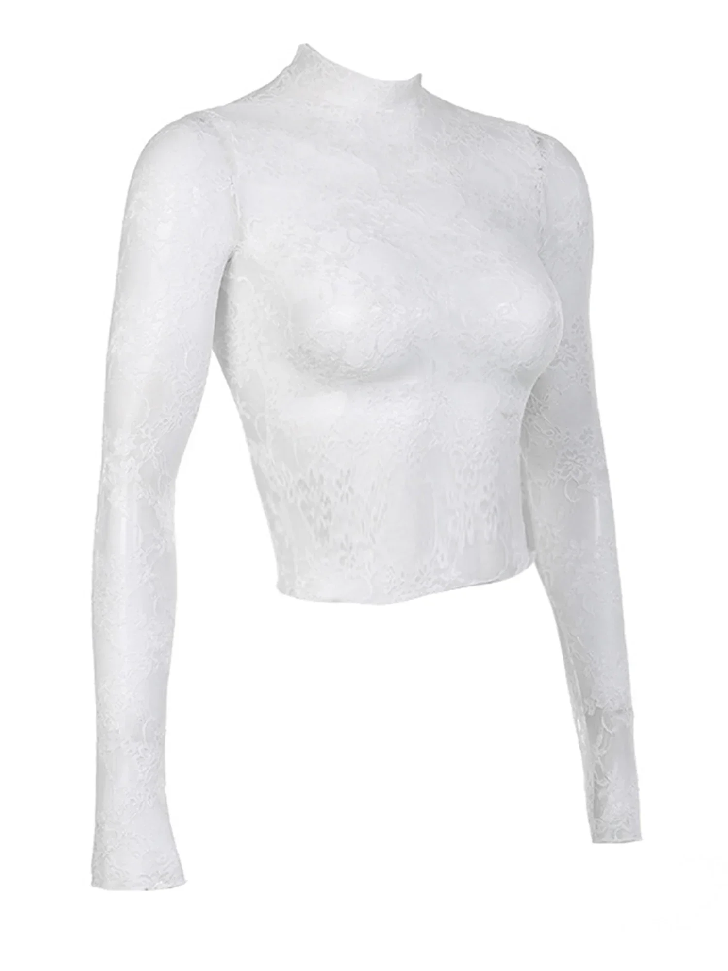 Chemisier Sexy en dentelle pour femmes, chemises d'été à col roulé, manches longues, transparent, Patchwork, hauts fins