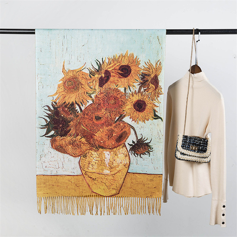 Écharpe en Cachemire de Van Gogh pour Femme, Peinture à l'Huile, Vase à Tournesol, Pashmina à Pampilles, Couverture, Châles Enveloppants, Design de Mode, Foulard, Hiver, 2022