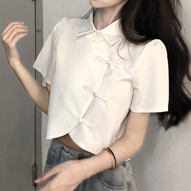 Femmes Blouse été à manches courtes blanc noir chemises Style chinois mode femme hauts courts dames chemise Blouses pour les femmes