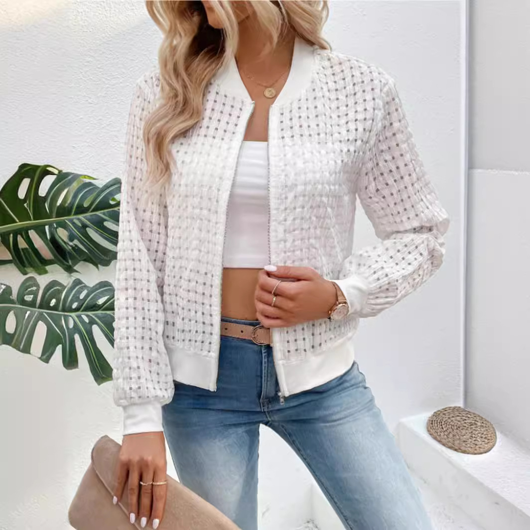 Manteau fin blanc pour femme, manches longues, fermeture éclair, grille décorative, col rond, cardigan décontracté pour femme, veste imprimée, automne, nouveau, 2024