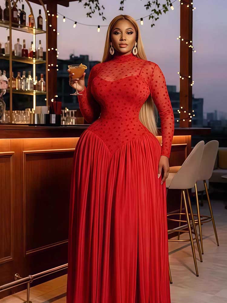‌ Robe à manches longues pour femmes Printemps ‌   Robe trapèze taille haute extensible pour femme ronde, élégante robe de soirée plissée