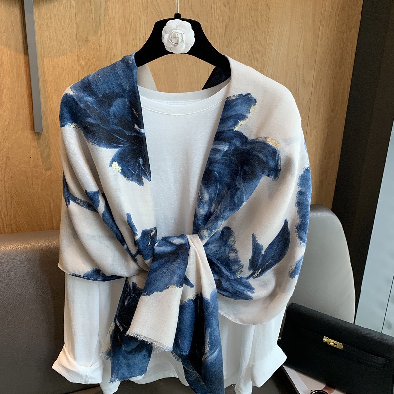Hiver Floral encre peinture écharpe pétale frange Viscose doux coton châles 180x90 cm pour les femmes voyage décontracté musulman Hijab