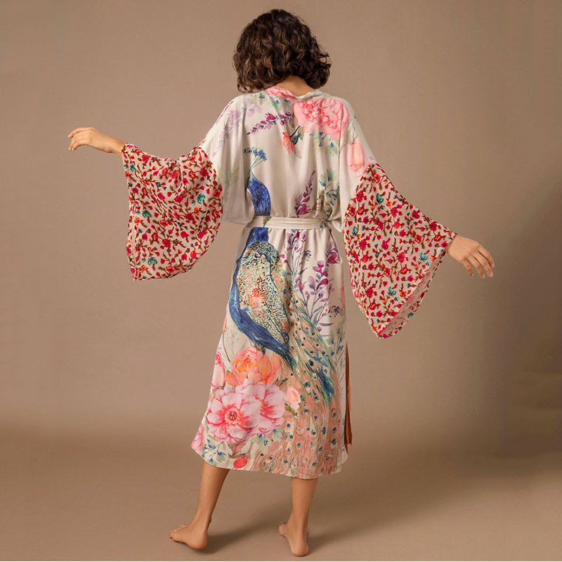 Chemise kimono fluide pour femme, imprimé paon, légère, à devant ouvert, idéale pour la plage, comme tenue de vacances ou à porter sur un maillot de bain
