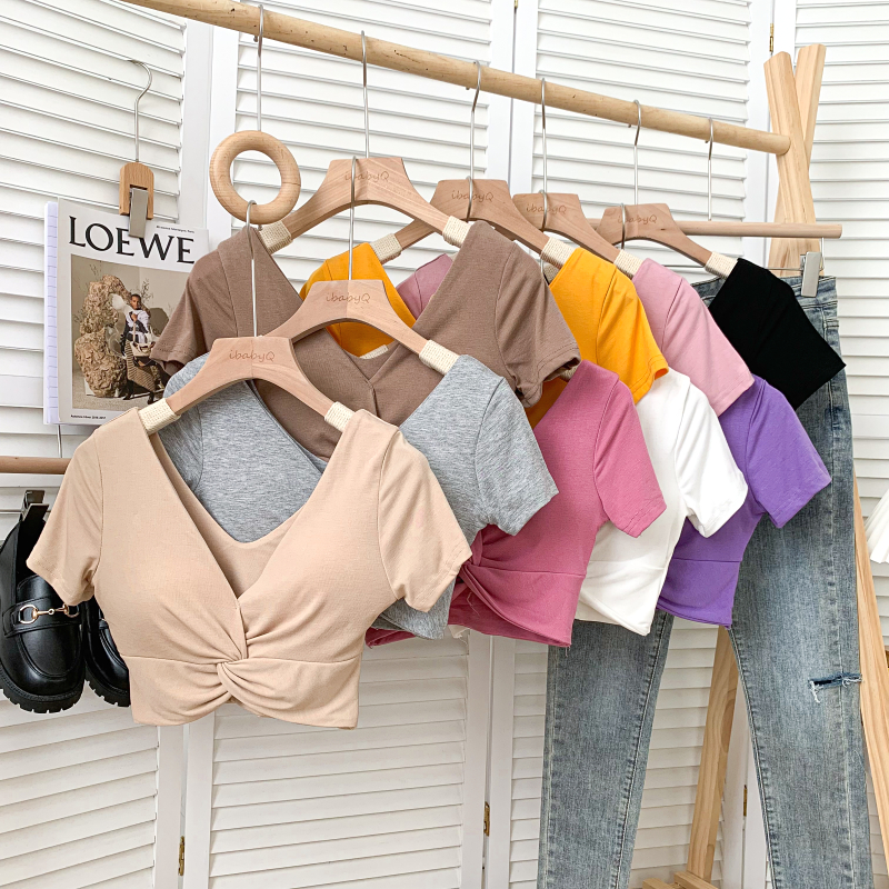 T-shirt court basique à manches courtes pour femmes, haut Kawaii, soutien-gorge intégré, haut sexy Harajuku, mode coréenne