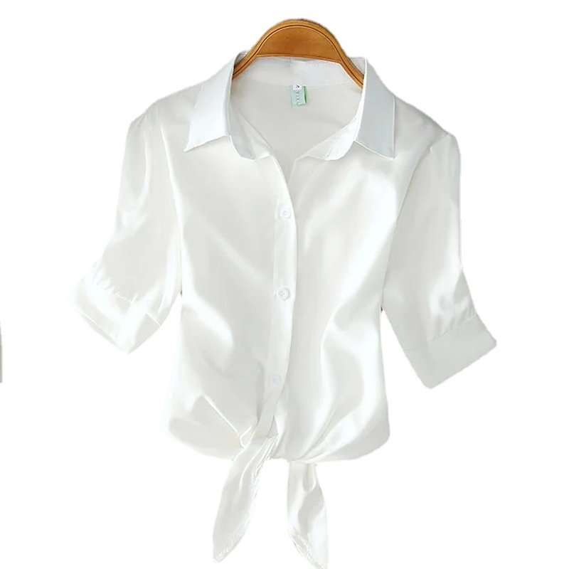 Été chemise blanche 2025 basique à manches courtes femmes Blouses solide boutonné petit haut noué taille élégante femmes tuniques hauts 19870
