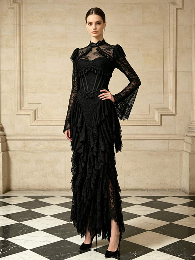Robe de soirée DEAT 2026, nouvelle collection automne, en dentelle haut de gamme, à manches cloche, coupe ajustée pour femme, robes brodées ajourées