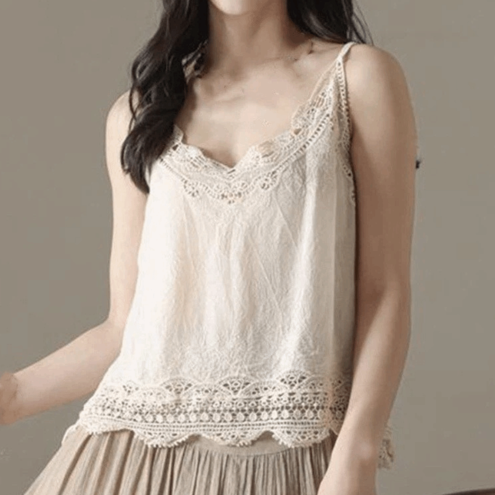 Vêtements de plage style vacances, style bohème, débardeur, camisole d'été douce à bords en dentelle, haut sans manches ample en coton à col en V, style français