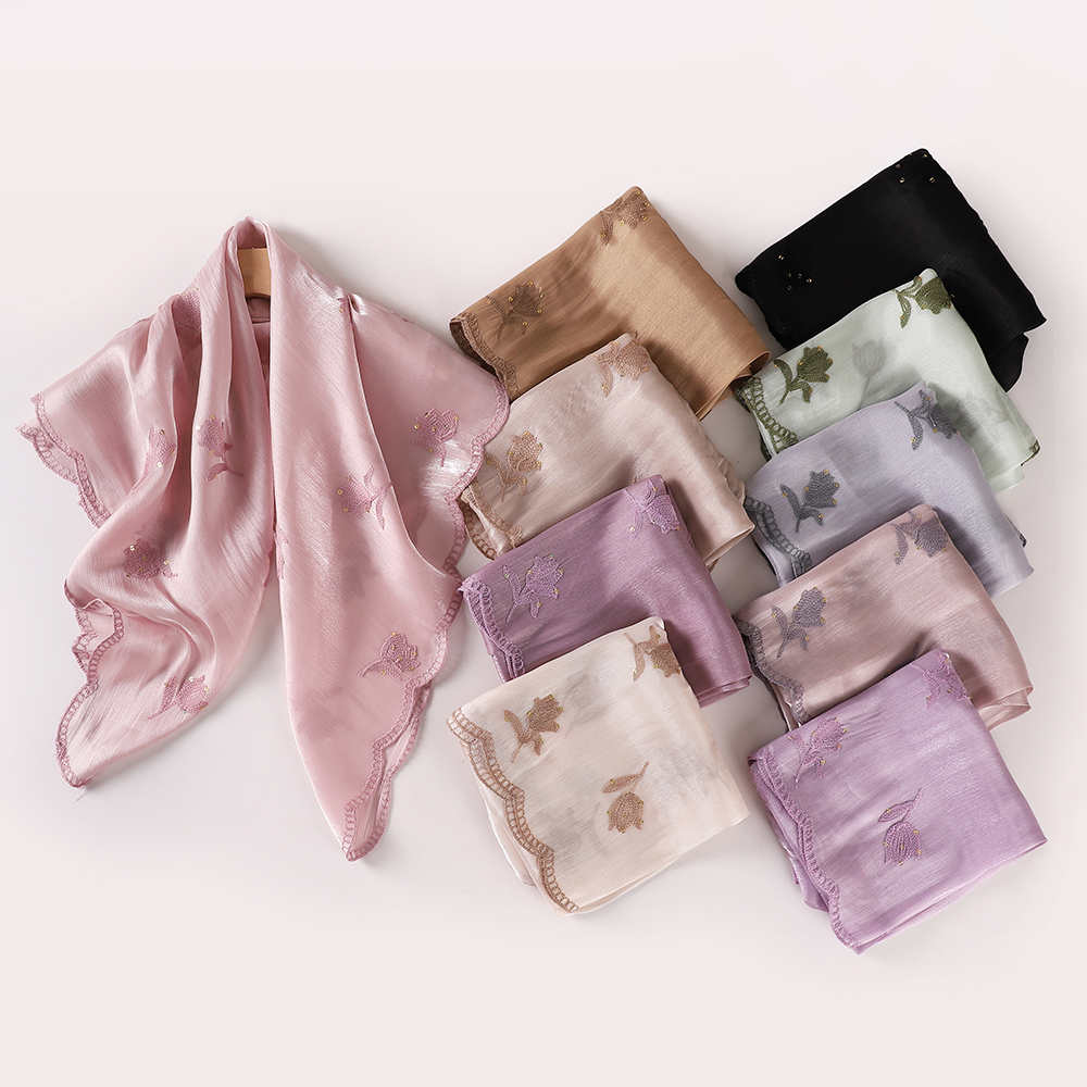 Hijab islamique brodé floral 90*90cm pour femmes, foulard léger en tissu froissé uni, hijab scintillant