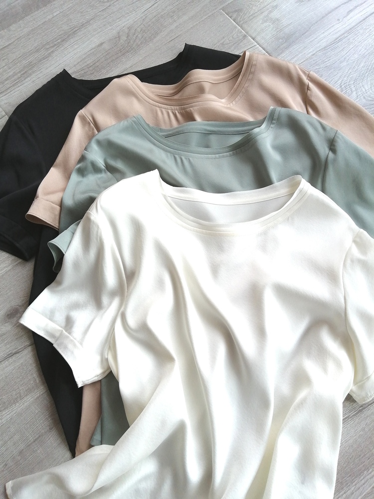 T-shirt à Manches Courtes en Crêpe de Couleur Unie et en Soie de Mûrier, Vêtement Ample de 25mm, 4XL, Été 2021