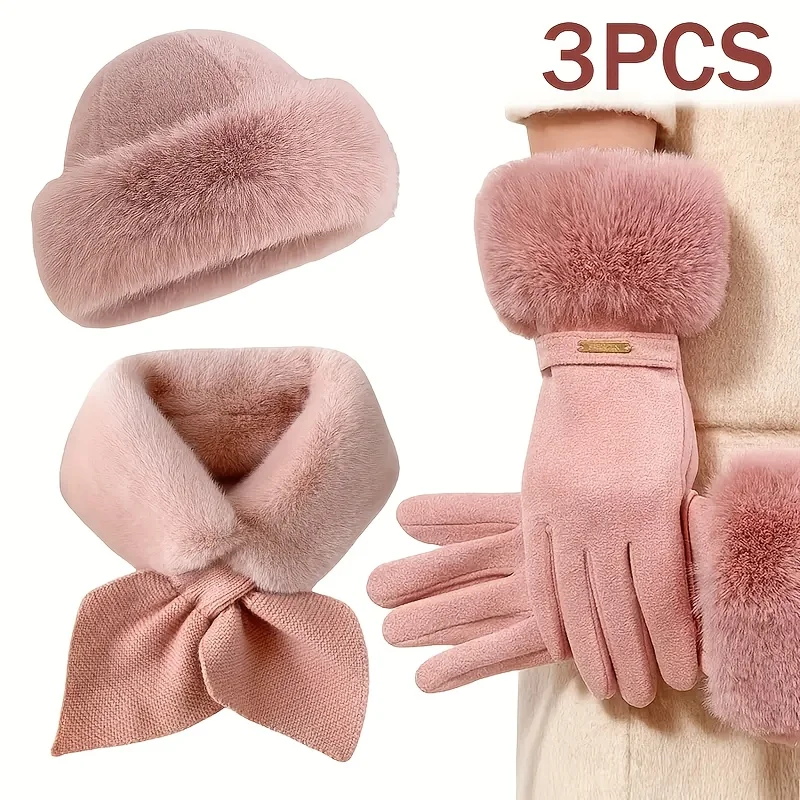 Ensemble de trois accessoires d'hiver pour femmes comprenant des gants en velours épais, des écharpes et des chapeaux adaptés aux températures froides