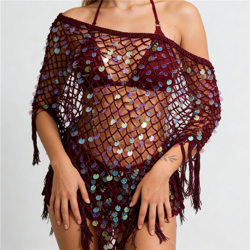 Poncho en crochet à sequins pour femme, haut asymétrique transparent à franges, châle ajouré, pull-over en maille, cache-maillot de plage d'été