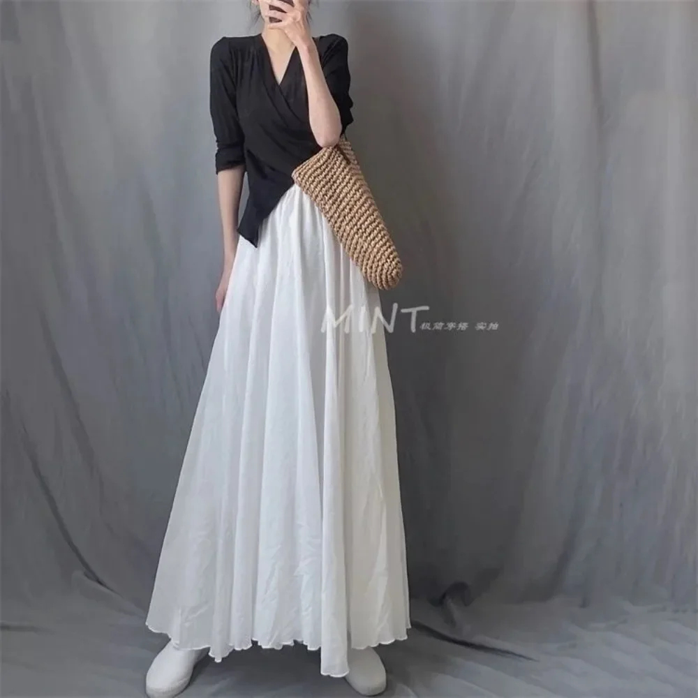 Boho Beach Jupe Femme - Lin Coton Mélange Taille Élastique Longue Plissée Maxi, Vintage Été Jupe Décontractée Faldas Saia
