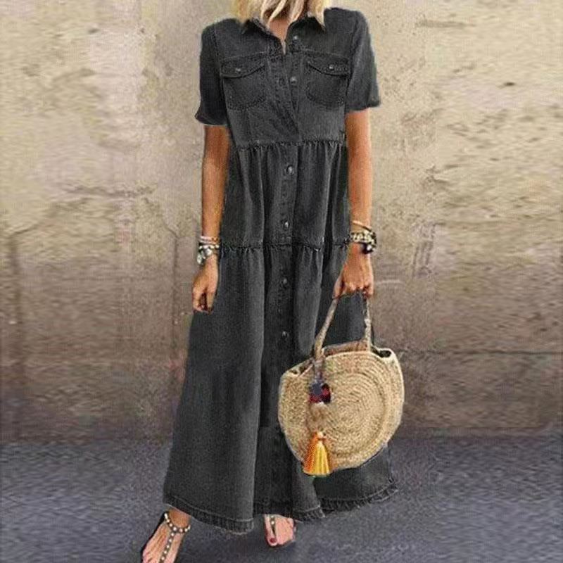 Robes pour femmes 2026 : Nouvelles robes longues en jean à col rabattu multi-boutons et manches courtes, coupe évasée, vêtements pour femmes, vestidos
