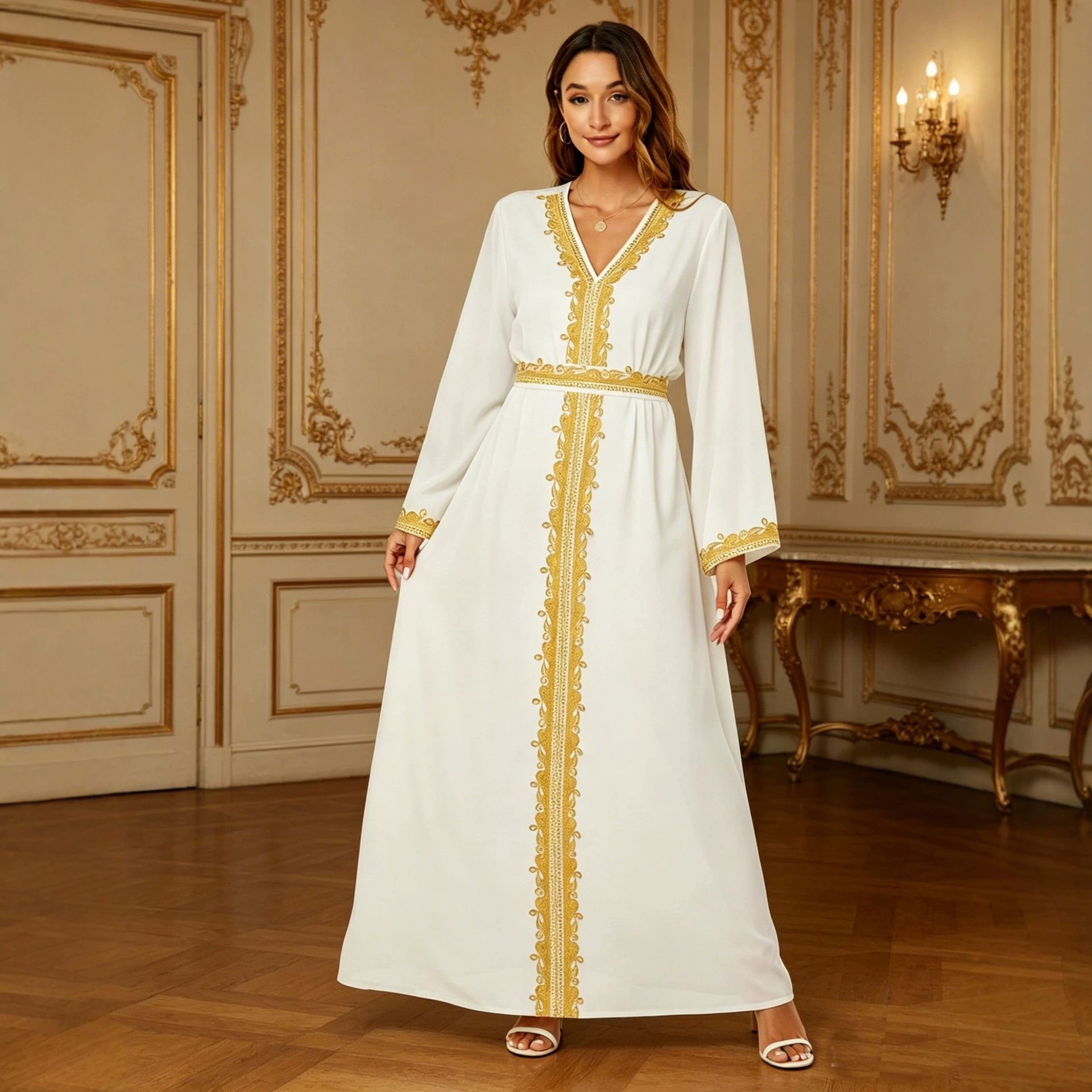 Abaya de Dubaï pour femmes, robe musulmane kaftan, broderie dorée, col en V, robe maxi coupe A, 5 couleurs, pour l'Aïd, le Ramadan, les fêtes, Vestidos