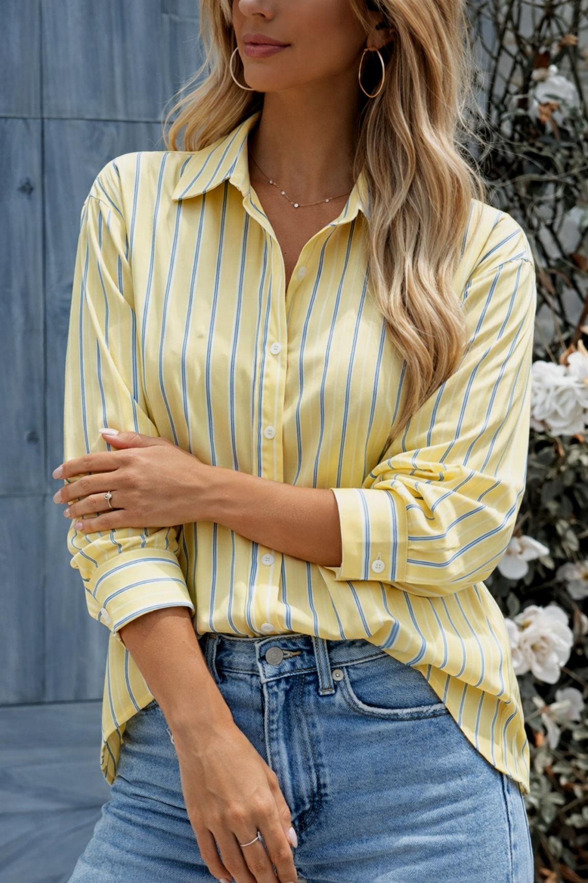 Chemise boutonnée rayée jaune pour femme, chemisier décontracté à manches longues