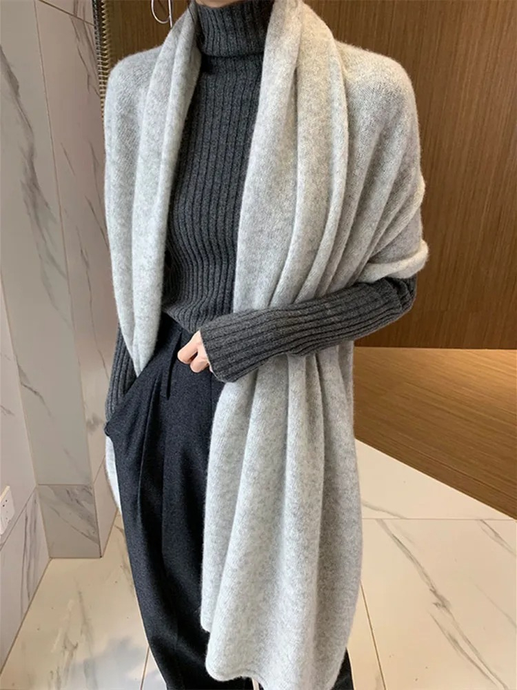 Écharpe en cachemire 100% français pour femme, châle tricoté automne-hiver, grand col élégant, pashmina en laine tricotée, écharpe en cachemire, nouvelle collection 2026