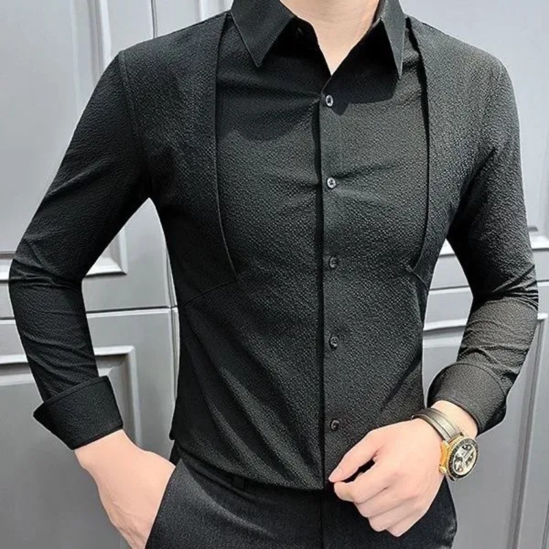 Chemise homme slim fit à manches longues, texture jacquard, col à revers, boutonnée, style business décontracté