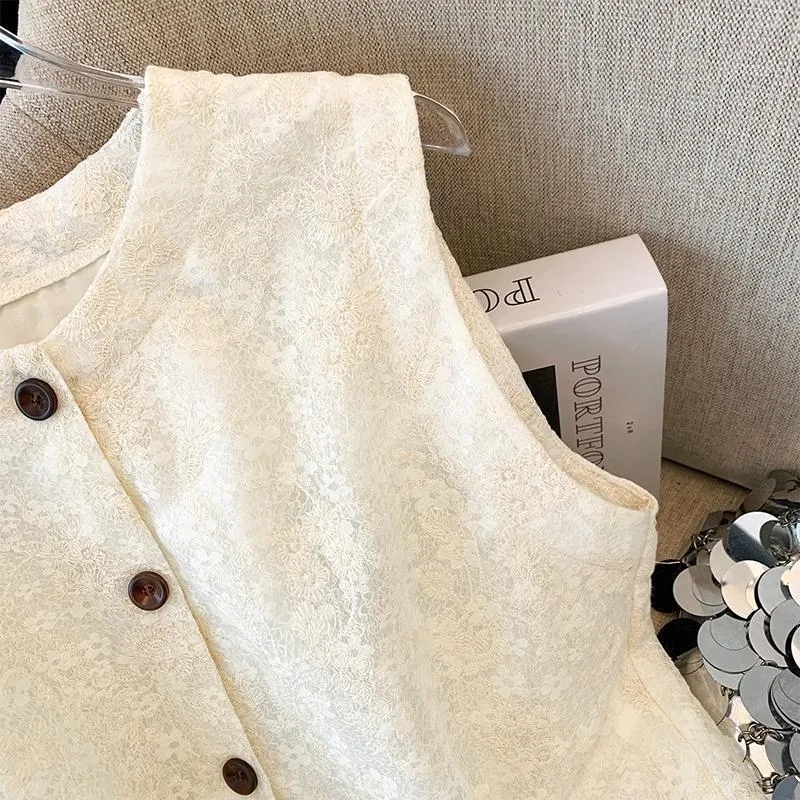 Veste gilet femme 2025 printemps automne Jacquard col rond dame vêtements d'extérieur dentelle simple boutonnage Cardigan dames gilet manteau