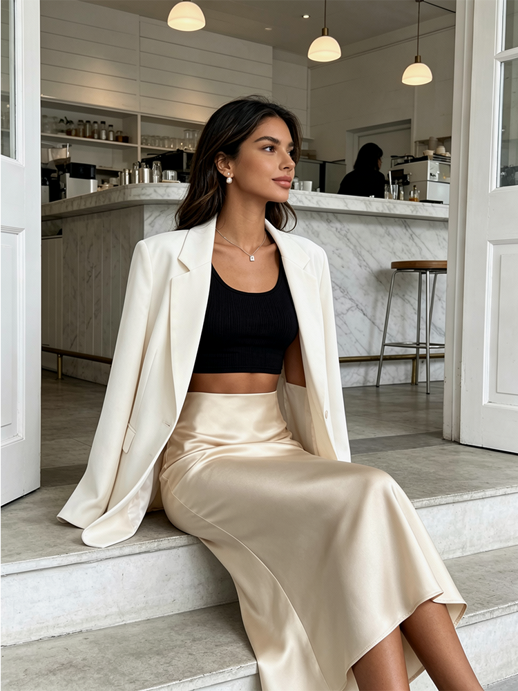 Jupe midi en satin minimaliste taille haute à coupe biais et ourlet fluide pour le bureau et le streetwear décontracté