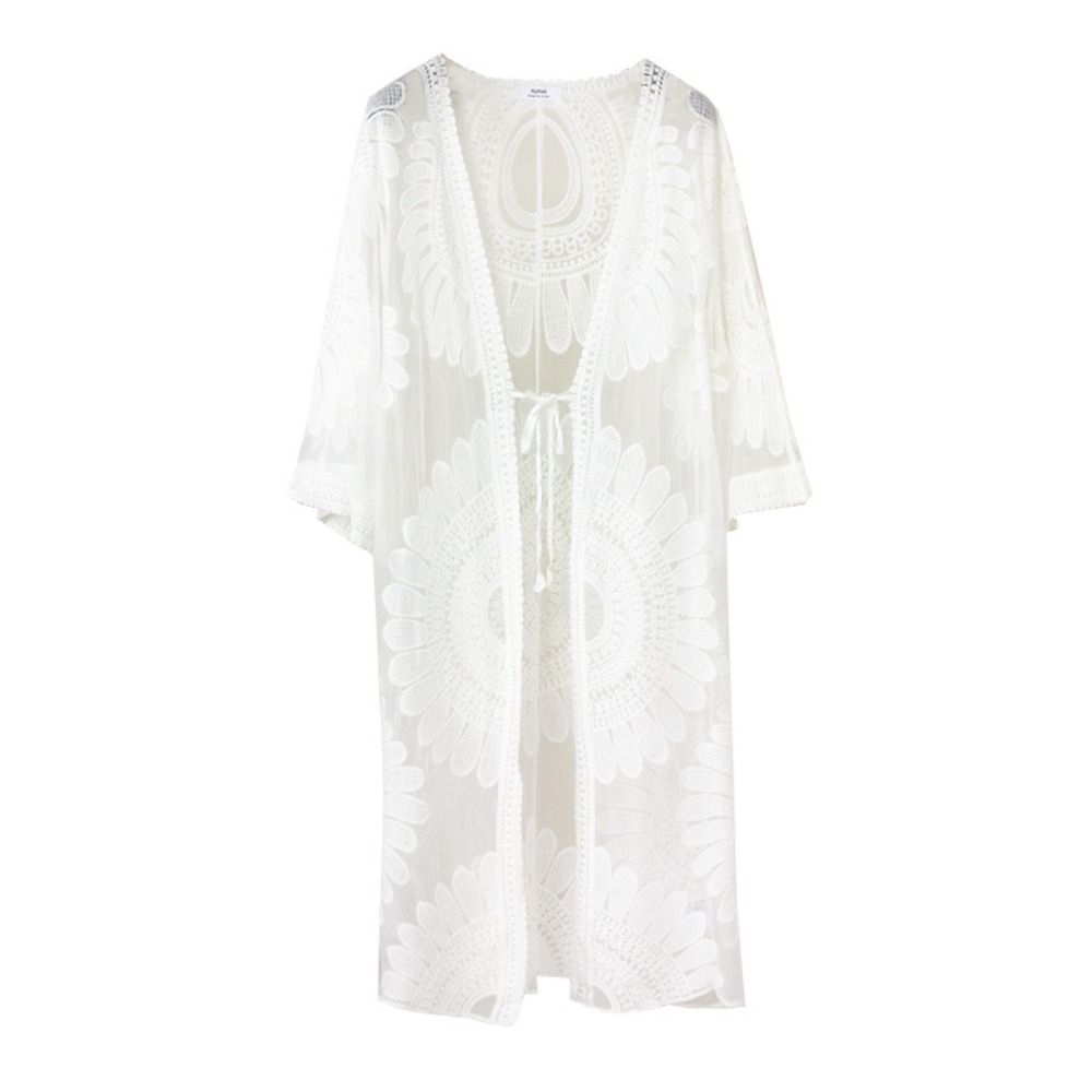 Nouvelle Robe de Plage Anti-UV Col V Tournesol pour Femme, Cache-maillot Brodé en Dentelle Printemps-Été
