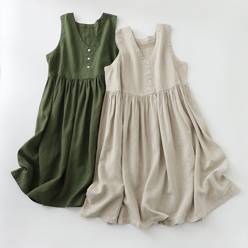 Nouvelle Robe Décontractée Sans Manches en Coton et Lin pour Femme 2026 – Robe Midi Ample Boutonnée pour l'Été