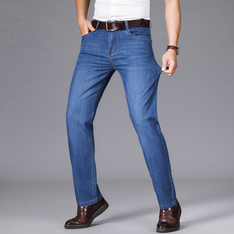 Jean stretch homme d'été, coupe droite décontractée, taille haute, style classique, bleu clair et bleu foncé
