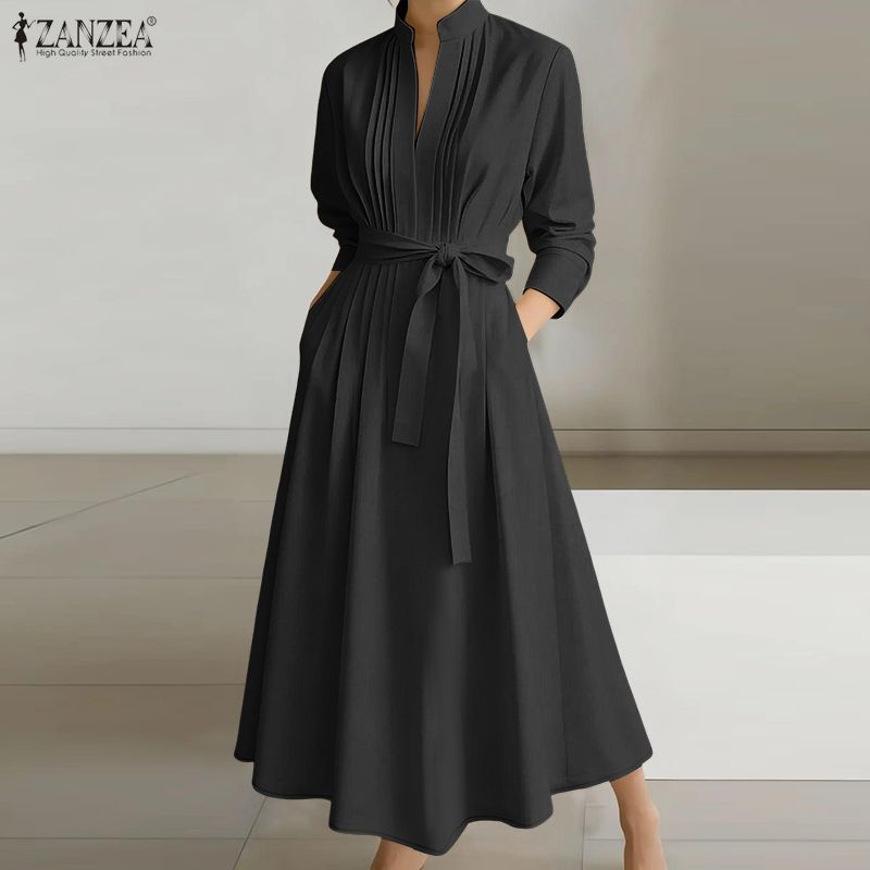 ZANZEA Robe longue maxi tendance pour femme, col montant, manches longues, froncée, taille nouée, coupe trapèze, pour le bureau et le travail