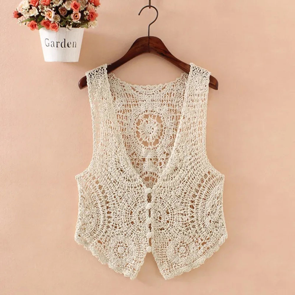 Veste d'été sans manches pour femmes, débardeur ajouré, couleur unie, gilet court en tricot, Cardigan au Crochet, pull, vêtements d'extérieur pour femmes
