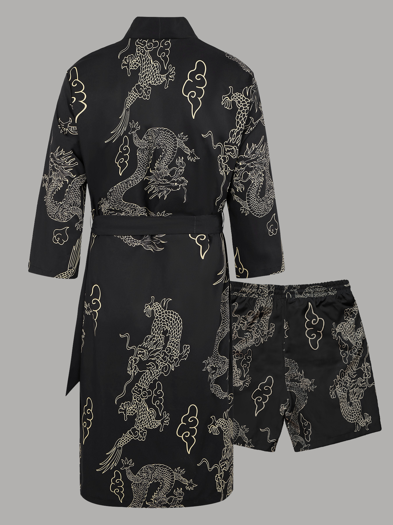 Ensemble de robe imprimée « Dragon Dance » de style chinois pour hommes, kimono noir ouvert sur le devant avec ceinture et short, 2 pièces, streetwear